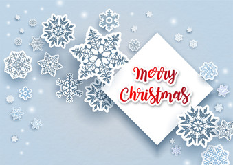 Many and variety snowflake in paper cut style with Merry Christmas lettering on white square and blue background. Christmas greeting card and poster in vector design.
