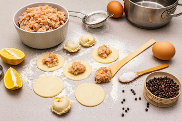 Fish dumplings. Ingredients for home cooking. Fresh dough, fish, spices, cooking equipment. Stone concrete background