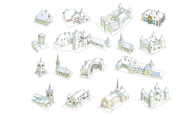 Drawings of 3D buildings, churches, residences and castles. Winter representation