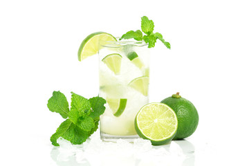 lemonade in Glass via lime pepermint water ice with white background