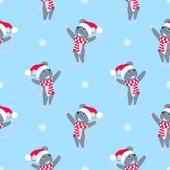 Rat is a symbol of Chinese New Year 2020. Funny cartoon mouse in the hat of Santa Claus and scarf. Cute smiling mice. Merry Christmas seamless pattern