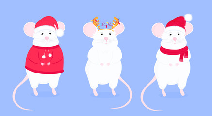 Rat in Santa's hat and with antler. Funny mice. Lunar horoscope sign mouse. Chinese Happy new year 2020.