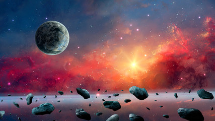 Space background. Colorful nebula with planet and asteroid. Elements furnished by NASA. 3D rendering © Space Creator