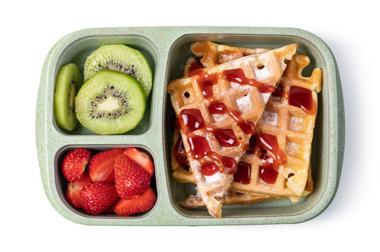 Lunch box with delicious food on a white background