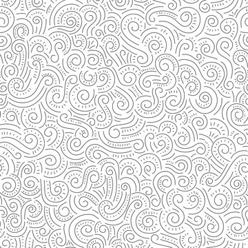 Black and White Hand Drawn Doodle Swirls, Swashes Vector Seamless Pattern. Whimsical Decorative Print Background
