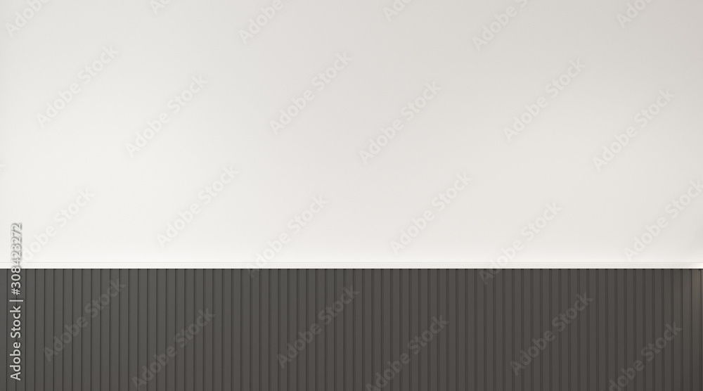 Poster mock-up of white empty wall and wood laminate deck with sun light cast the shadow on the wall,perspe