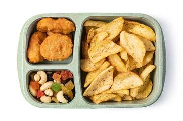 Lunch box with delicious food on a white background
