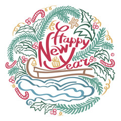 Text-happy New year. the inscription is closed in a circle, with fir branches, berries and Holly leaves, patterns in a wreath on white.