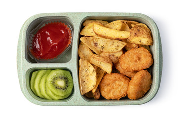 Lunch box with delicious food on a white background