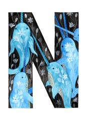 Hand Painted Letter N With Narwhale