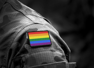 Rainbow flag (LGBT movement) on military uniform. Integration of homosexuals in the military. Discrimination in army. Collage.