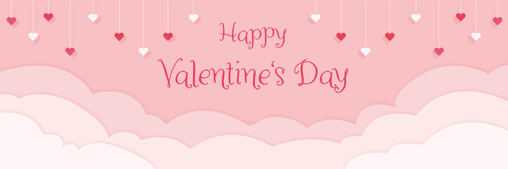 Happy Valentine's Day - Geschenkkarte, Hintergrund in Papierschnitt, Wolken und Herzen hängen von der Decke Banner in pink