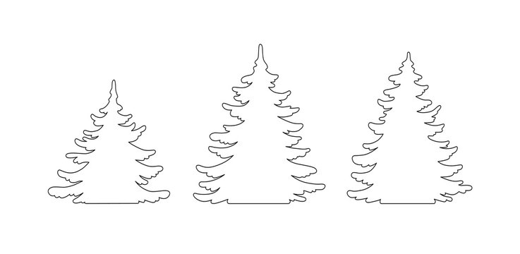 Pine tree vector silhouette set. Hand drawn stylized monochrome illustration collection isolated on white background. Forest Element design for christmas card, banner, laser cut