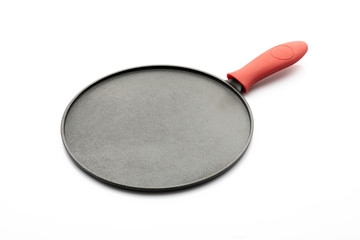 Seasoned Cast Iron Pan on White Background with Red Silicon Handle Grip