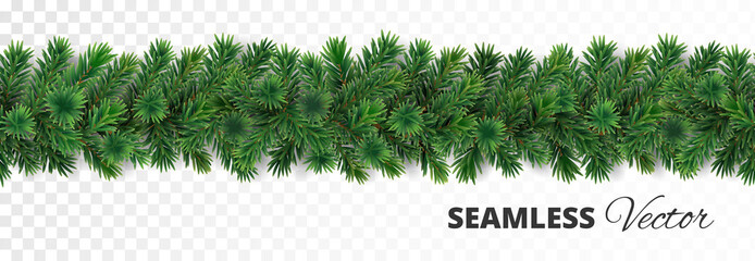 Seamless Christmas tree garland. Pine tree branches decoration