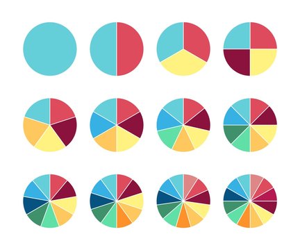 Pie circle chart. 12 section. Vector circle graph for infographic. Twelve flat cyrcle diagram. 1, 2, 3, 4, 5, 6, 7, 8, 9, 10, 11, 12 steps or processes.