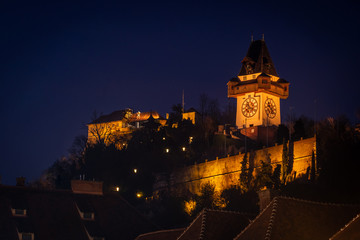 View from city hall Rathaus to Uhrturm on Schlossberg Graz