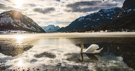 Fototapeta premium Clear Cold Landscape with blue sky at Grundlsee, Austria, winter, frozen lake. Travel spot