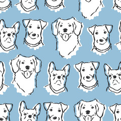 Vector doodle dog faces seamless pattern. Jack russell terrier, golden retriever, french bulldog drawingin repeat. Great for wallpaper, wrapping paper and fabric. Kis design or veterinary branding.