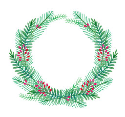Watercolor wreath of fir branches