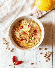 Chickpea hummus with hot pepper. Vegan recipe.Top view