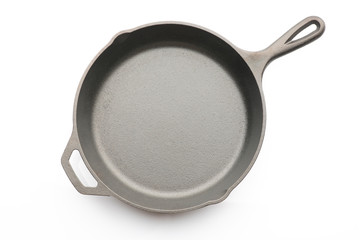 Top View of Seasoned Cast Iron Skillet on White Background