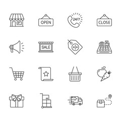 Fototapeta premium SHOPPING vs E-COMMERCE line thin icons set. Vector illustrations collection EPS10.