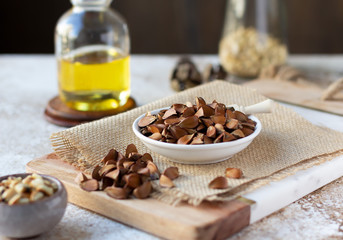 Beechnuts and oil. Healthy organic food concept, vegetarianism