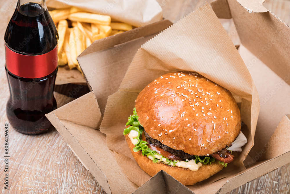 Sticker burger on a wooden board