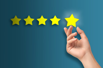Client’s female hand, which determines the rating of services according to a five-point system