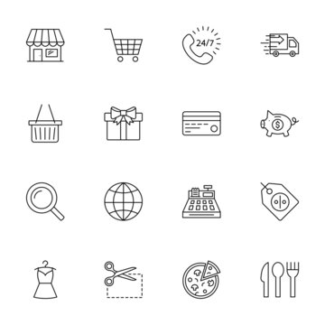 SHOPPING vs E-COMMERCE line thin icons set. Vector illustrations collection EPS10.