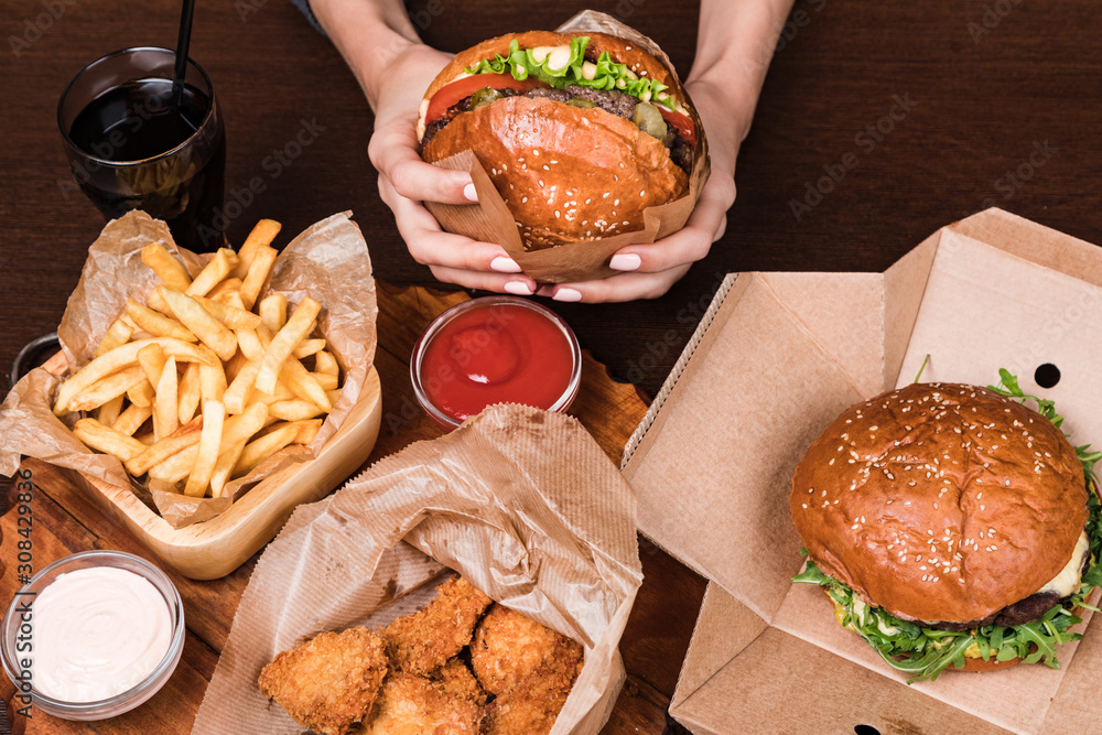 Sticker burger on a wooden board