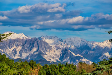 Panorama of the Apuan Alps and the marble quarries of Colonnata from Montemarcello Liguria Italy