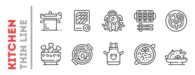 Set of kitchenware, cooking process thin line icons isolated on white. Poultry, meat, bakery dishes outline pictograms collection, logos. Food preparation at home, cafe vector elements for infographic