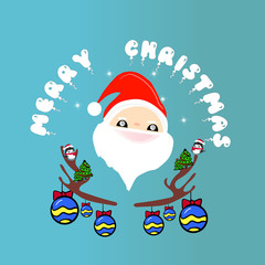 Merry Christmas Greeting Cards Santa Claus Design Christmas Tree Balls Penguin On The Antler Isolated from blue background
