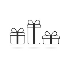 Gift vector icon set. Gift boxes, presents isolated on white. Sale, shopping concept. Collection for Birthday, Christmas, Easter Valentines day Holidays. Linear flat design sign