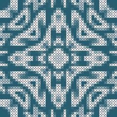 Cross stitch seamless pattern.  Blue and white symmetric ornament. Square print for pillowcase, cushion, rug.