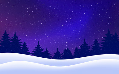 Christmas card. Night with pine trees, snow, dark blue sky. Vector winter starry background. Vector illustration. Holiday scene design, decor for banner, web, poster. Vector illustration
