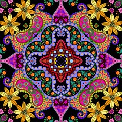 Colorful seamless pattern with bright ornament with floral motifs. Lovely tablecloth. Bandana print. Cushion, napkin, rug for cozy home. Vector design.