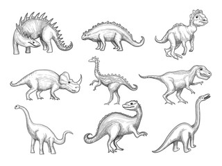 Dinosaurs collection. Extinction wild herbivorous angry animals in paleontology ages vector sketch drawn pictures. Sketch herbivorous and prehistoric reptile illustration