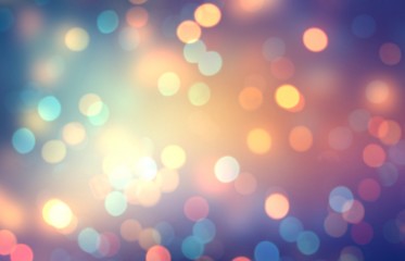 Night party festive bokeh pattern. Empty background garland lights. Blurred yellow blue orange gradient. Defocus glitter confetti. Abstract sparkls template illustration.