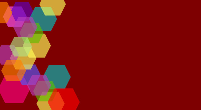 Graphic of colorful isolated hexagons on burgundy background. Elegant abstract illustration of colors with strong contrast. Copy space.