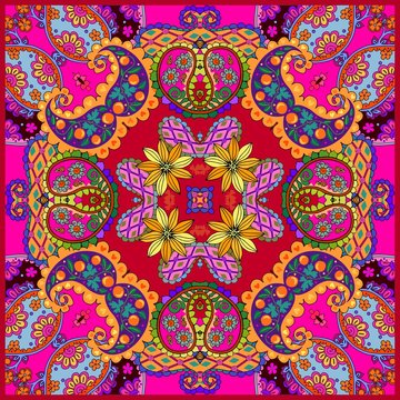 Colorful bandana print with paisley and flowers. Bright square design for scarf, kerchief. Home textile with ethnic motifs.