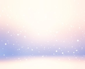Light snow falling on 3d background subtle. Pastel lilac empty room render. Delicate blue pink yellow gradient soft pattern.