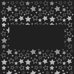 Frame with blank space for text. Border of silver stars. black background. Vector for Christmas and New Year greeting card, banner, invitation, packaging design, illustration pattern