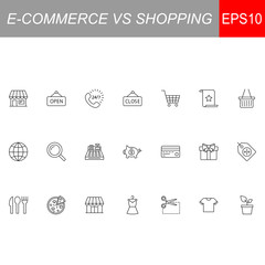 SHOPPING vs E-COMMERCE line thin icons set. Vector illustrations collection EPS10.