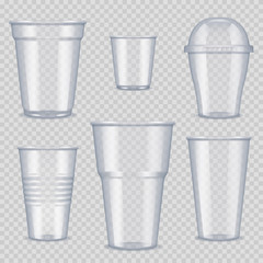 Plastic cups. Transparent empty vessel for beverage food and drinks template of plastic cups vector realistic pictures. Cup container plastic, transparent disposable for drink illustration