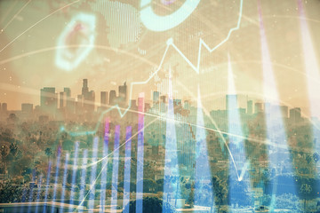 Forex chart on cityscape with skyscrapers wallpaper multi exposure. Financial research concept.