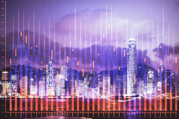 Double exposure of forex chart drawings over cityscape background. Concept of success.