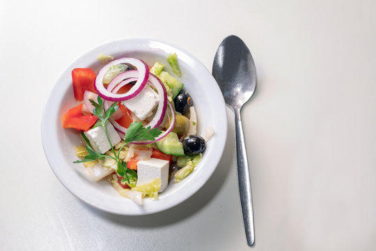 Greek sald : olives, onion, tomatoes and feta cheese